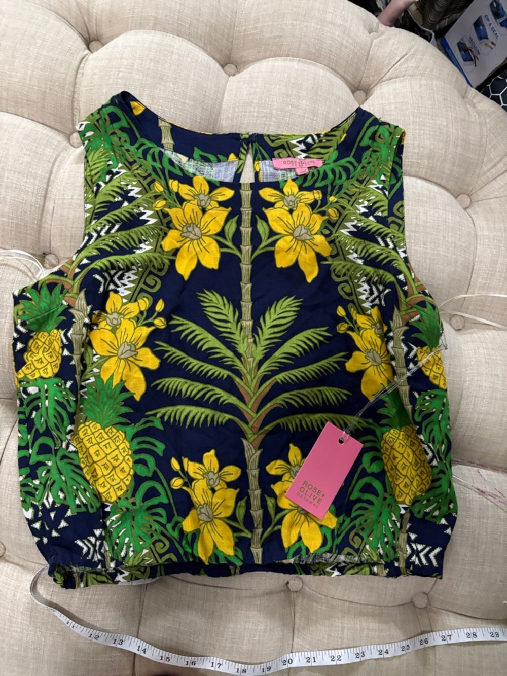 Rose & Olive Navy Tropical Pineapple Print Sleeveless Top